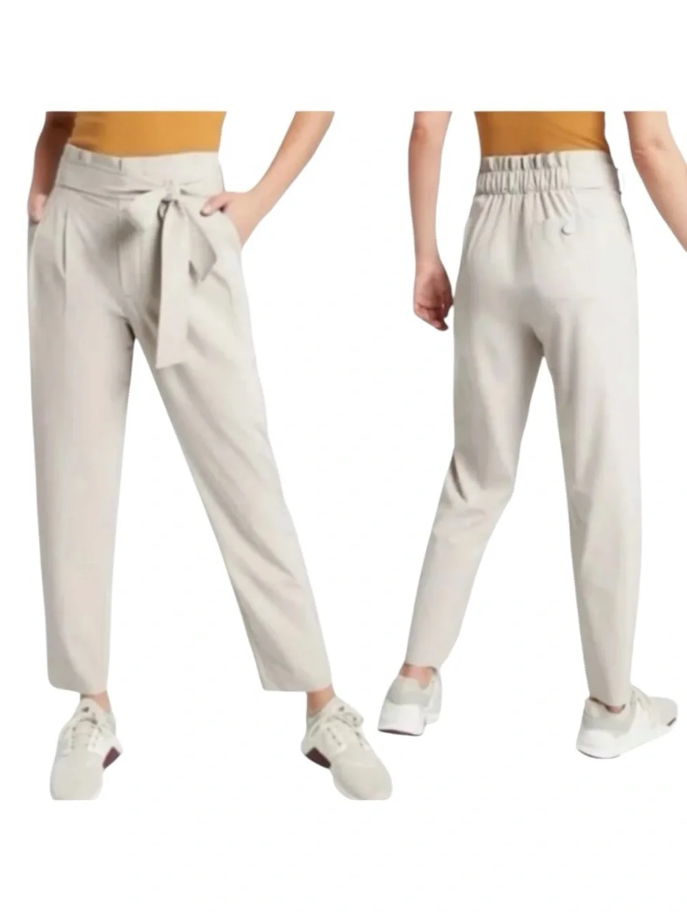 Athleta Skyline Pant II Beige High-Rise Tapered Paperbag Waist Trouser Size 8